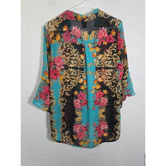 Vintage Wet Seal Size L Teal Floral Button-up Blouse - Picture 3 of 4